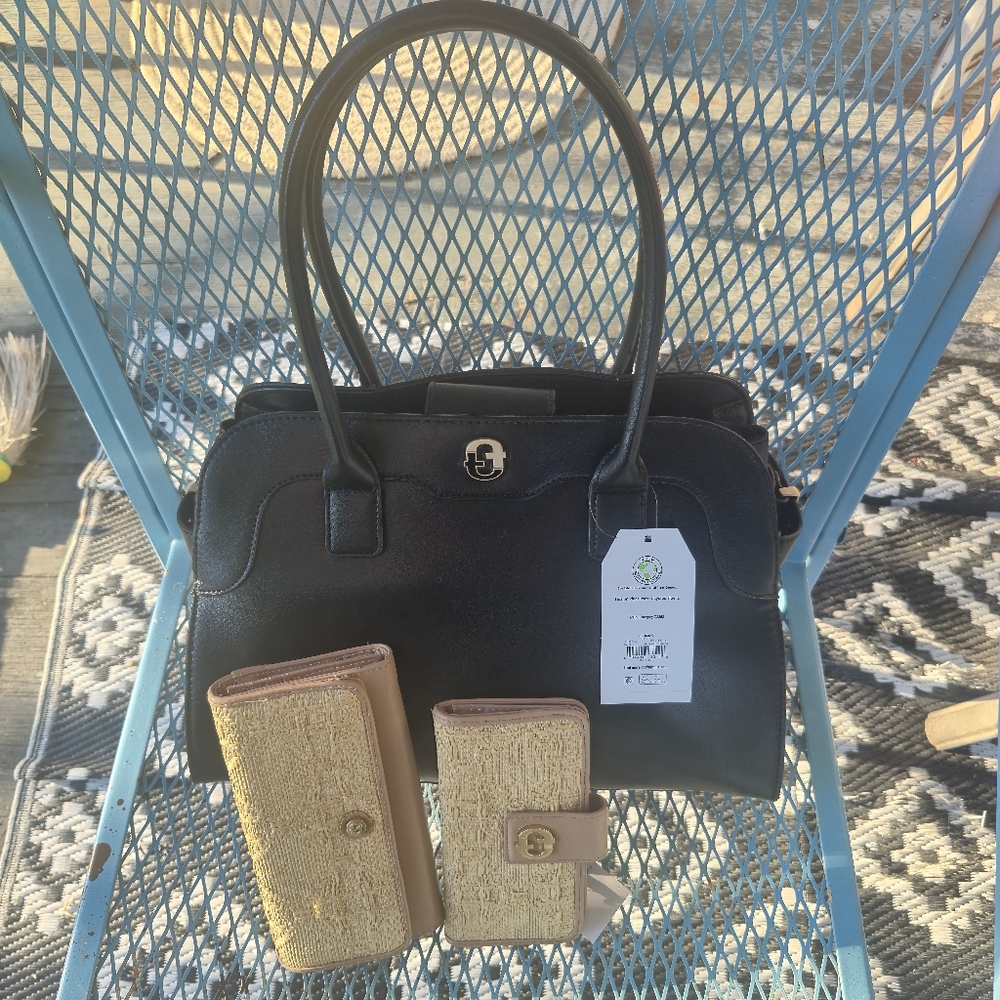 Satchel Black Faux Leather Purse W/ 2 Tan Gold Matching Hardware Wallets Bundle